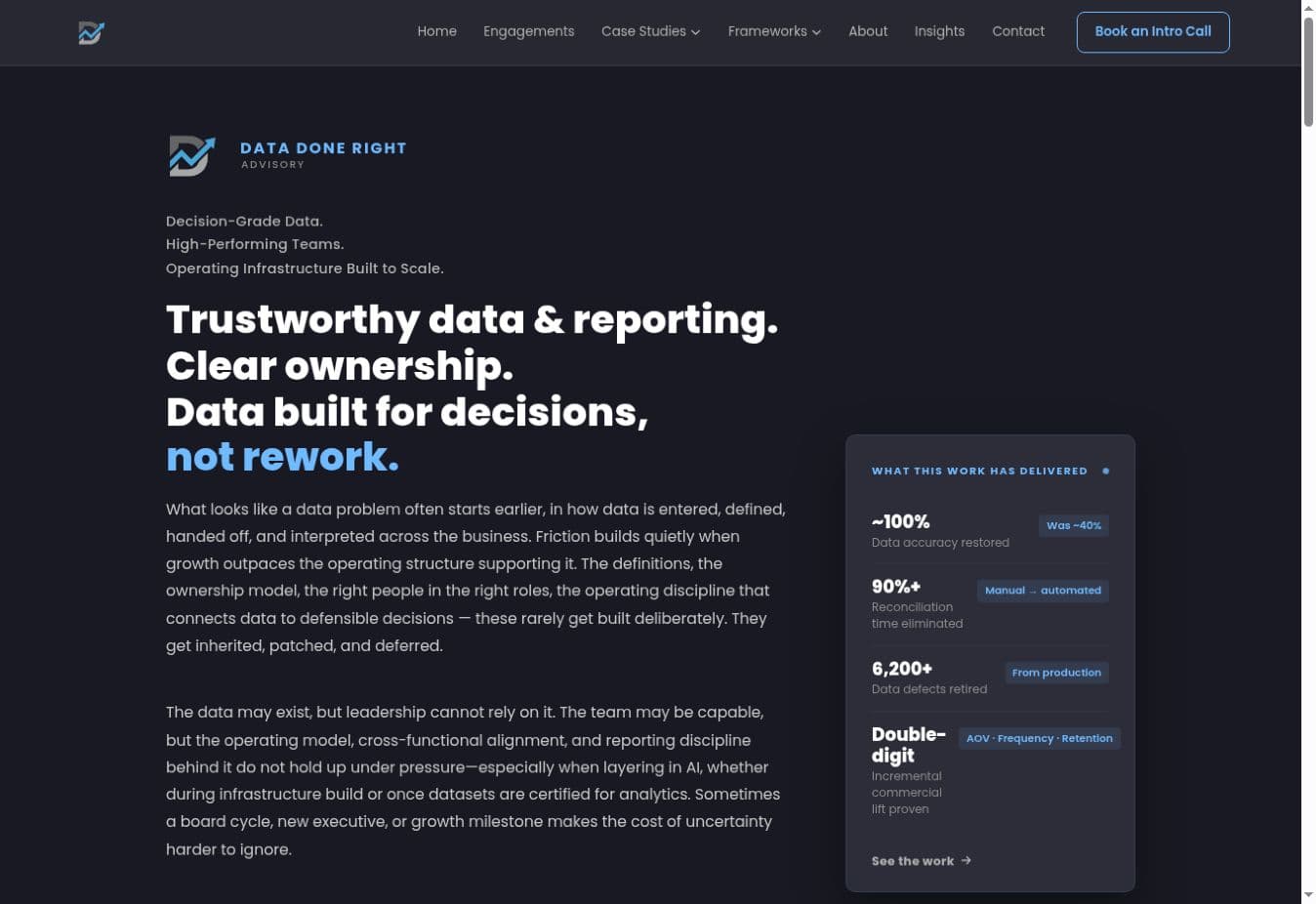 Data Done Right advisory website showing a structured professional-services homepage