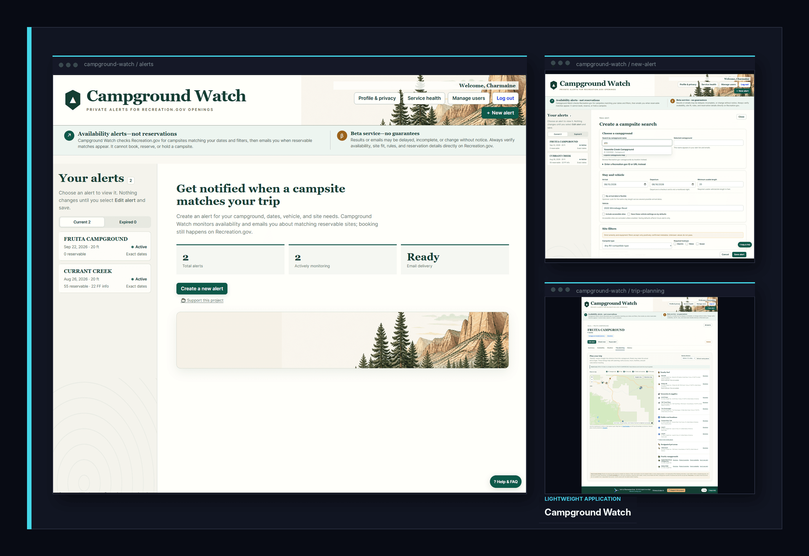 Campground Watch, a focused application that monitors campsite availability against a user's trip requirements.